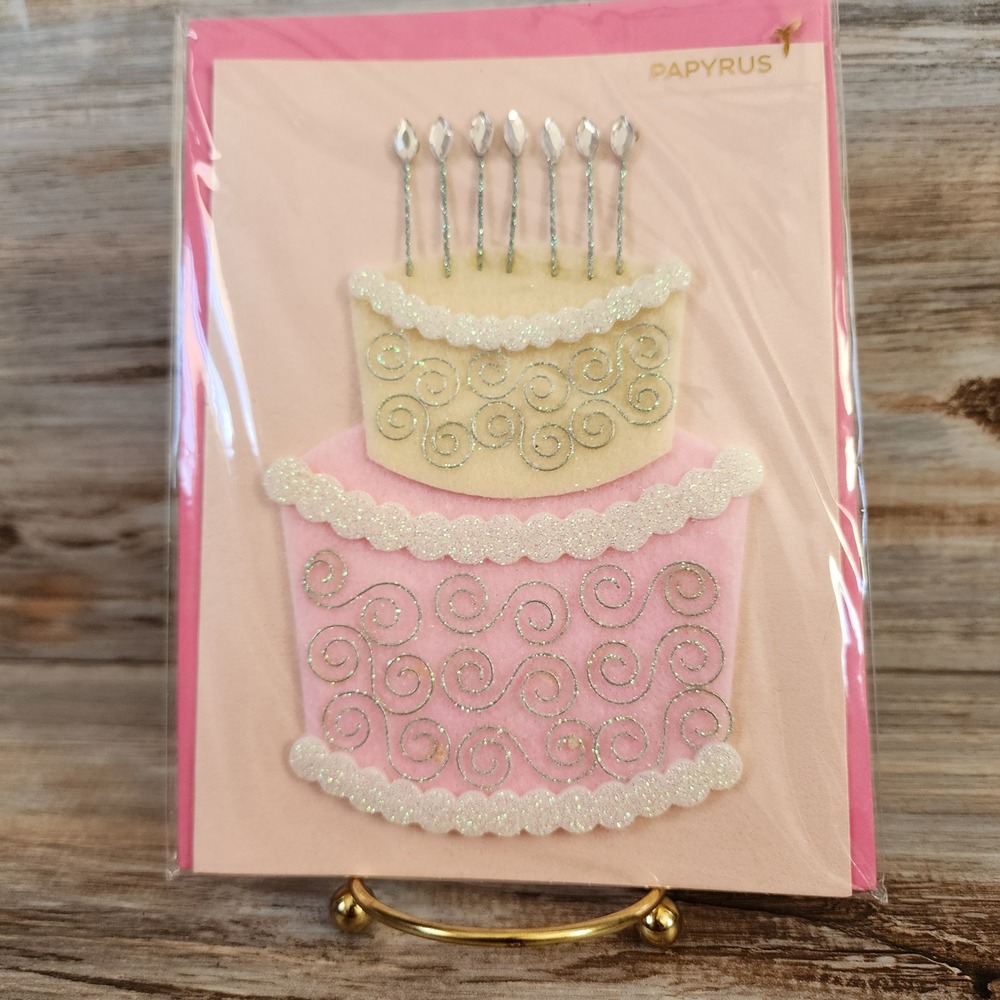 Papyrus Birthday Card Pink Felt Glitter Cake 3D Gems Celebration BD400604